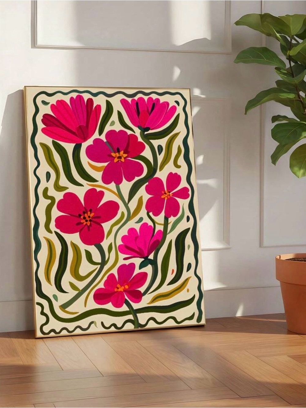 Pink & Green Floral Wall Art Canvas Print | 50x70cm | No Frame Included
